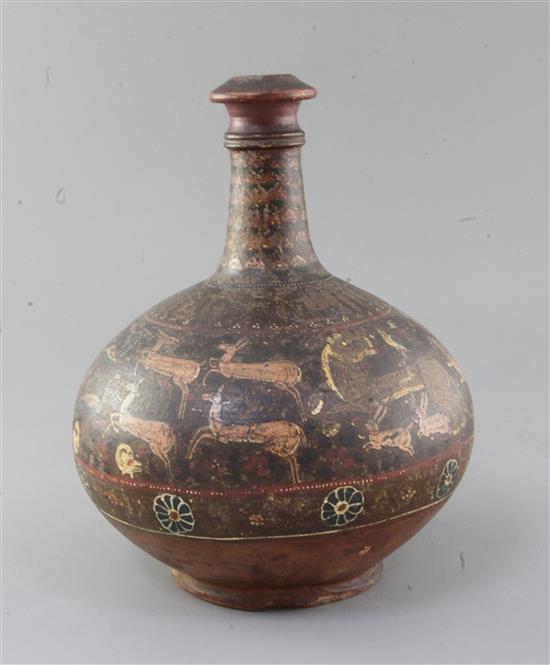 A 19th century Persian Qajar painted terracotta bottle vase, height 10.5in.